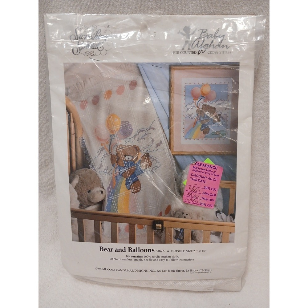 1980 Kit Counted Crossstitch Baby Afghan Something Special Bear Balloons 50499